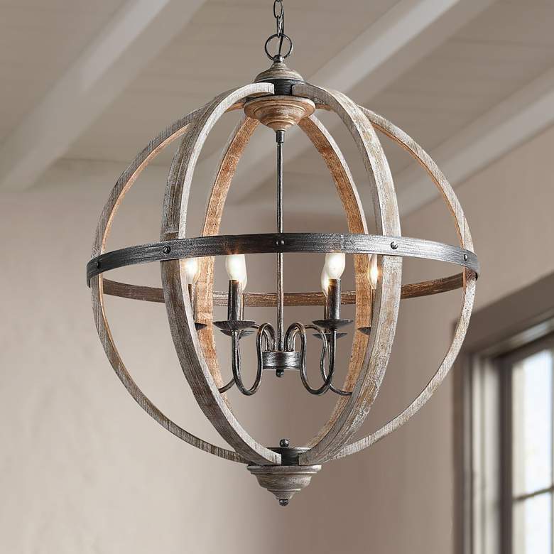 Image 1 LNC Lighting Navejo 27" Wide Antique Wood 6-Light Globe Chandelier