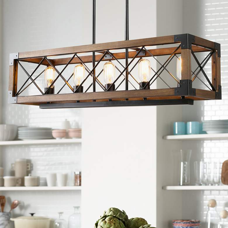 Image 1 LNC Obilla 31 1/2" Wide Natural Wood 5-Light Island Chandelier