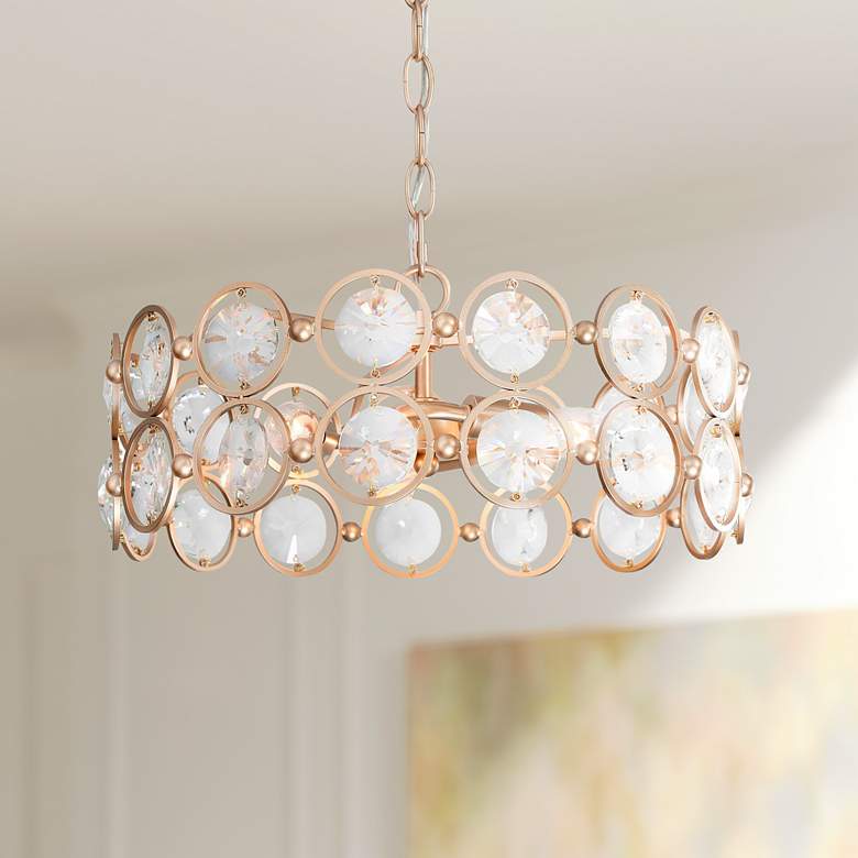Image 1 LNS Crays 15" Wide 3-Light Gold and Crystal Drum Pendant Chandelier
