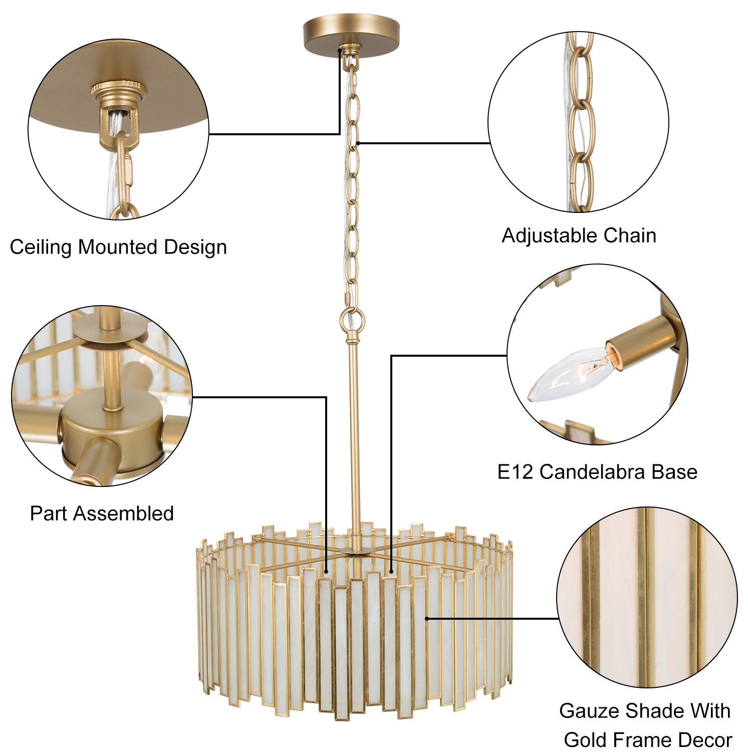 LNS Durail 16" 4-Light Gold and Tiffany-Style White Glass Chandelier