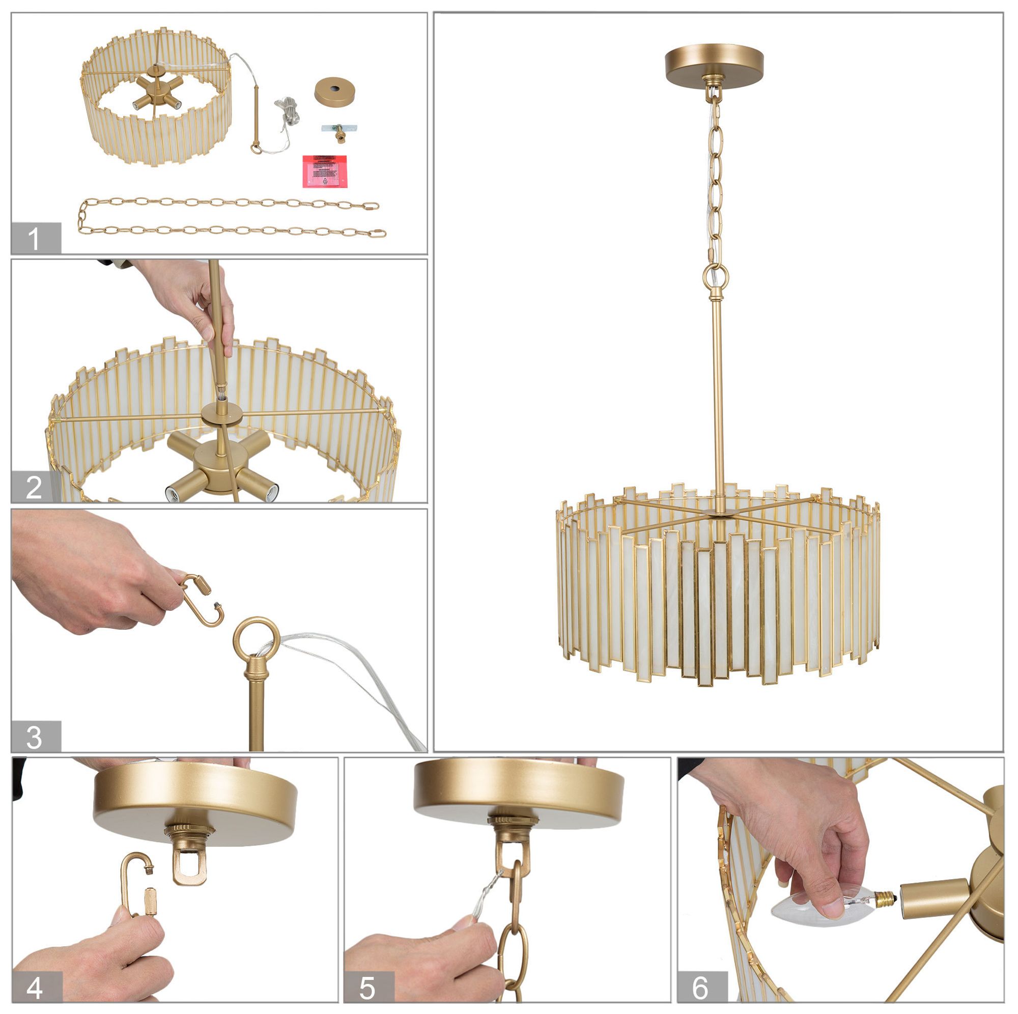 LNS Durail 16" 4-Light Gold and Tiffany-Style White Glass Chandelier
