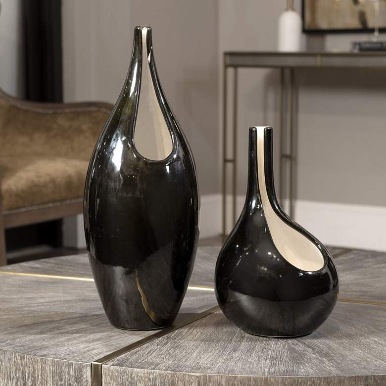 Image 1 Lockwood 16 inch and 11 inch Glossy Black Earthenware Vases Set of 2