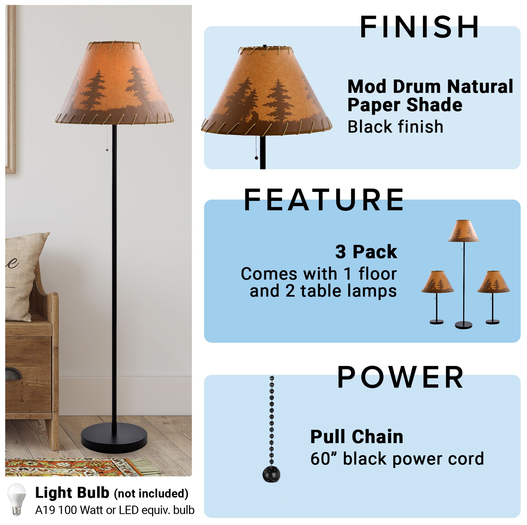 Lodge Black 3-Piece Floor and Table Lamp Set