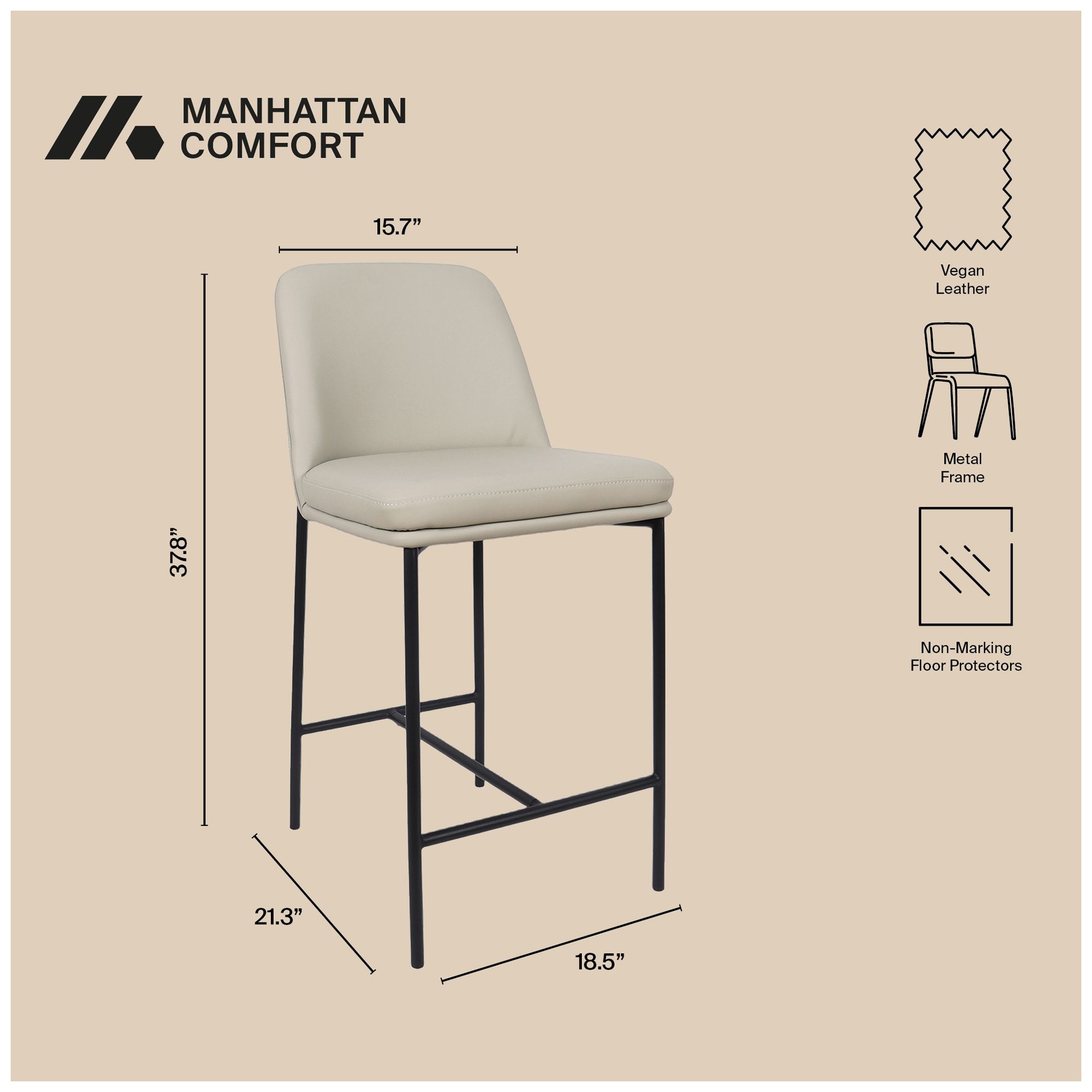 Image 5 Loft Contemporary Vegan Leather Metal Counter Stool in Stone Gray Set of 2 more views