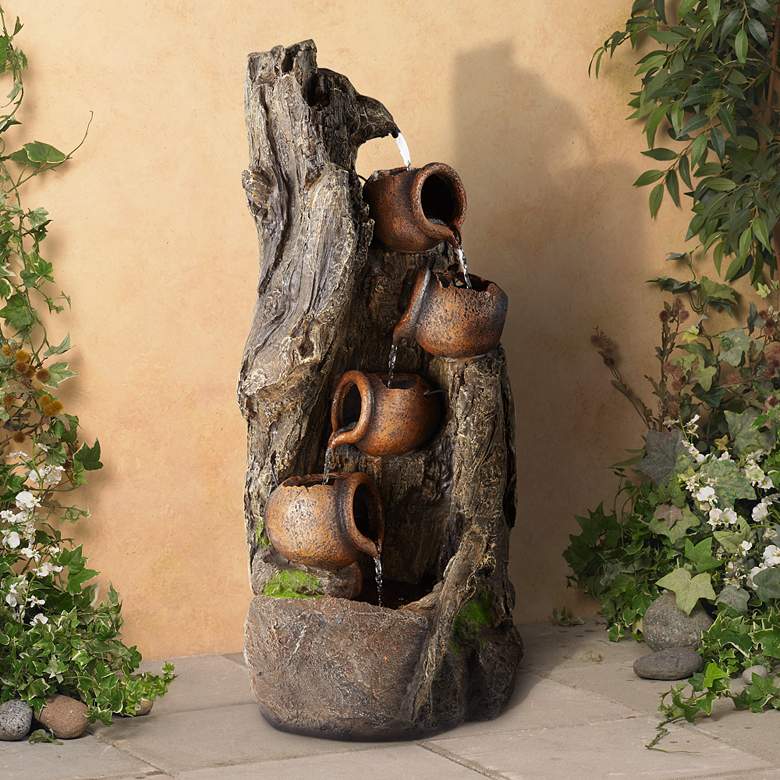 Image 1 Log and Pots 39"H Multi-Tone LED Cascading Outdoor Fountain