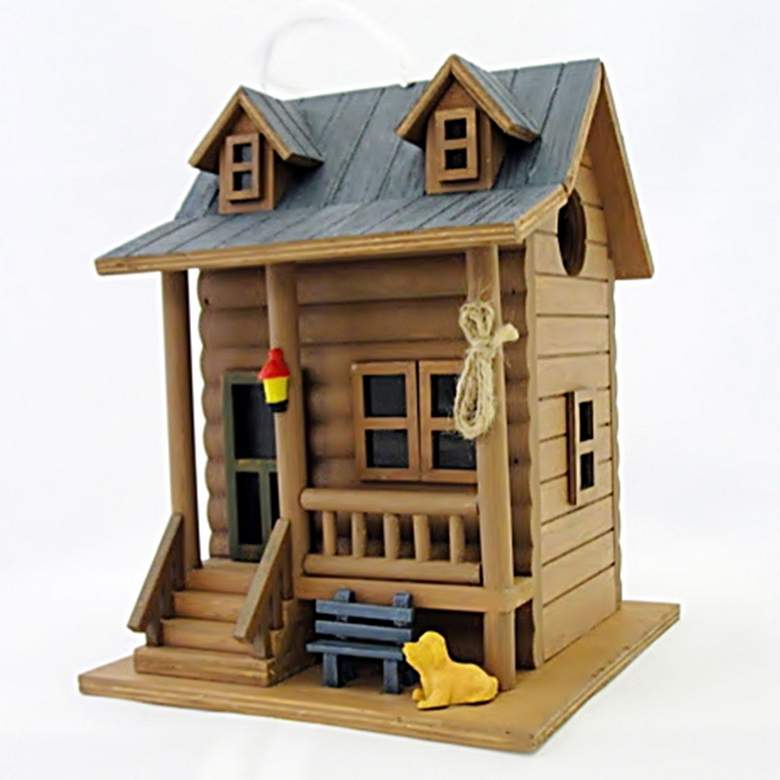 Image 1 Log Cabin Brown and Blue Wood Hanging Birdhouse