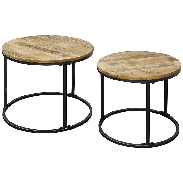 Image 1 Logan 26 inch Wide Round Black and Wood Top Rustic Nesting Tables Set of 2