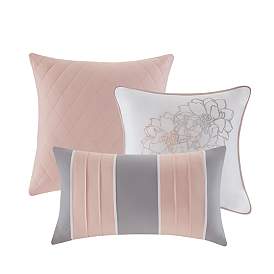 Image5 of Lola Gray and Peach Cotton Sateen King Floral 7-Piece Comforter Set more views