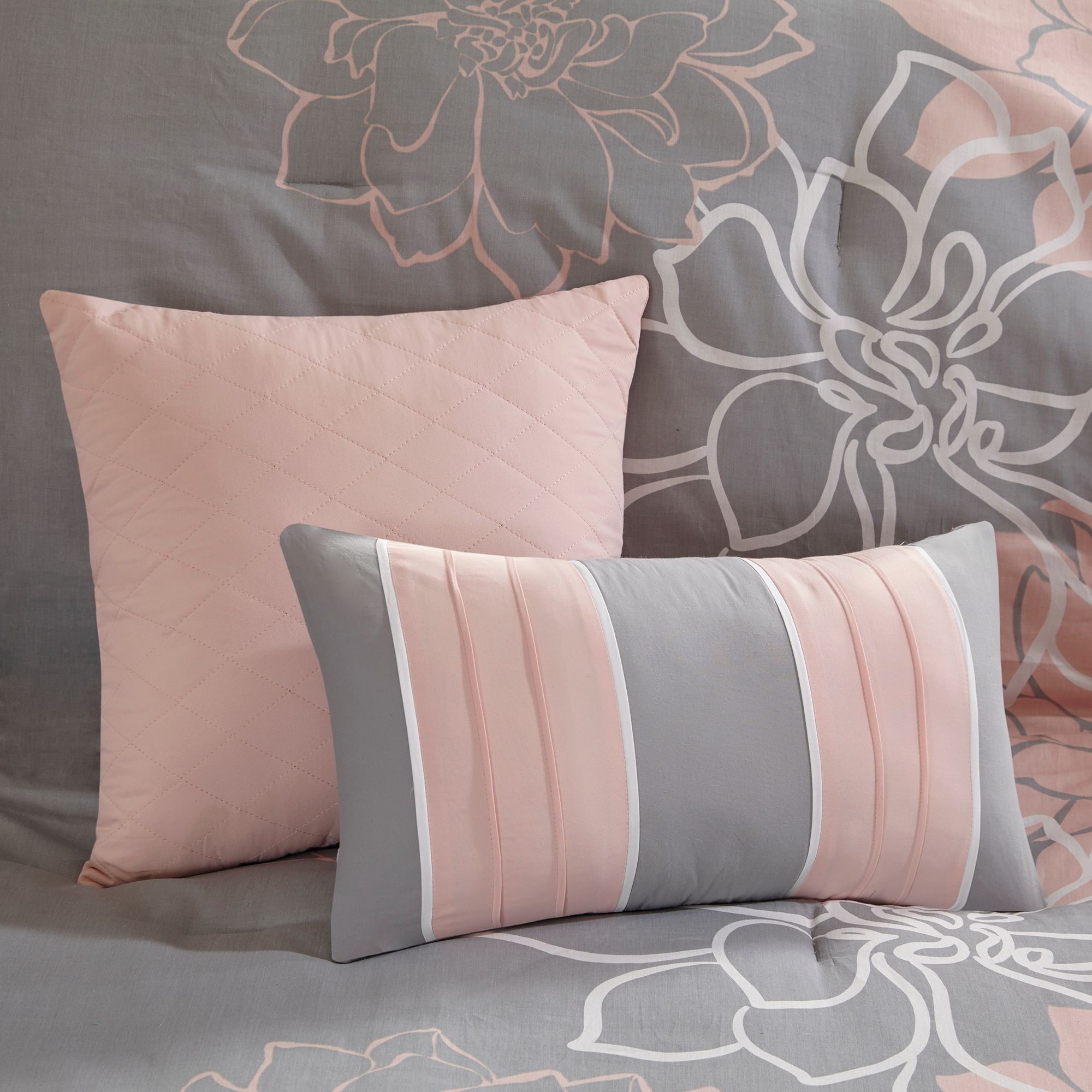 Thumbnail3 of Lola Gray and Peach Floral Cotton Sateen Cal King 7-Piece Comforter Set more views