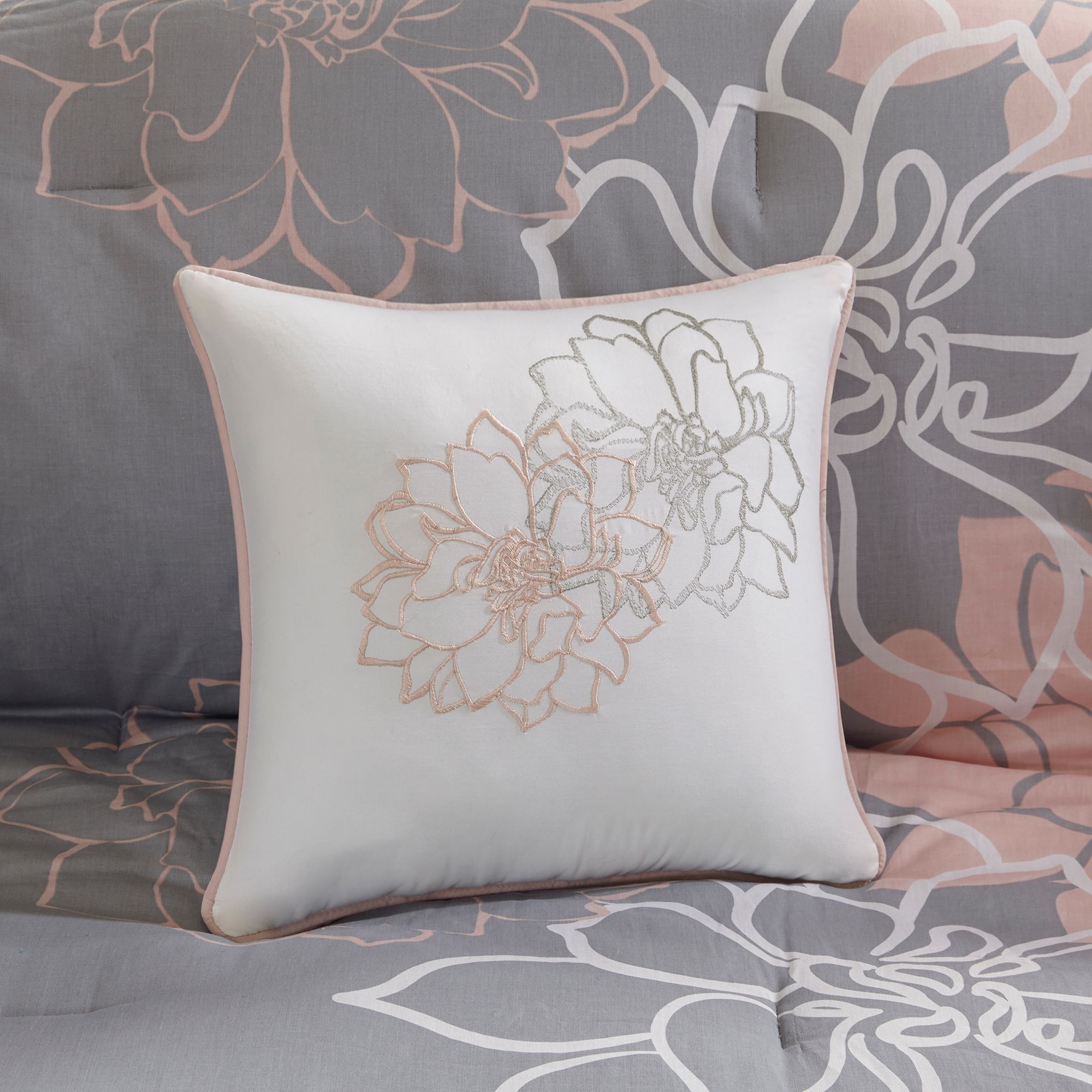 Lola Gray and Peach Floral Cotton Sateen Cal King 7-Piece Comforter Set