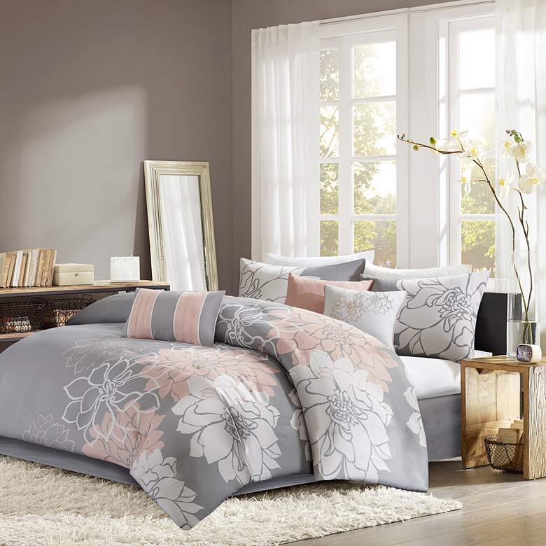 Image 2 Lola Gray and Peach Floral Cotton Sateen Queen 7-Piece Comforter Set