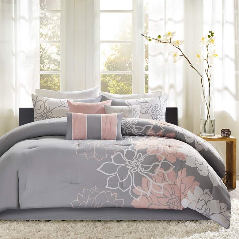 Image 1 Lola Gray and Peach Floral Cotton Sateen Queen 7-Piece Comforter Set