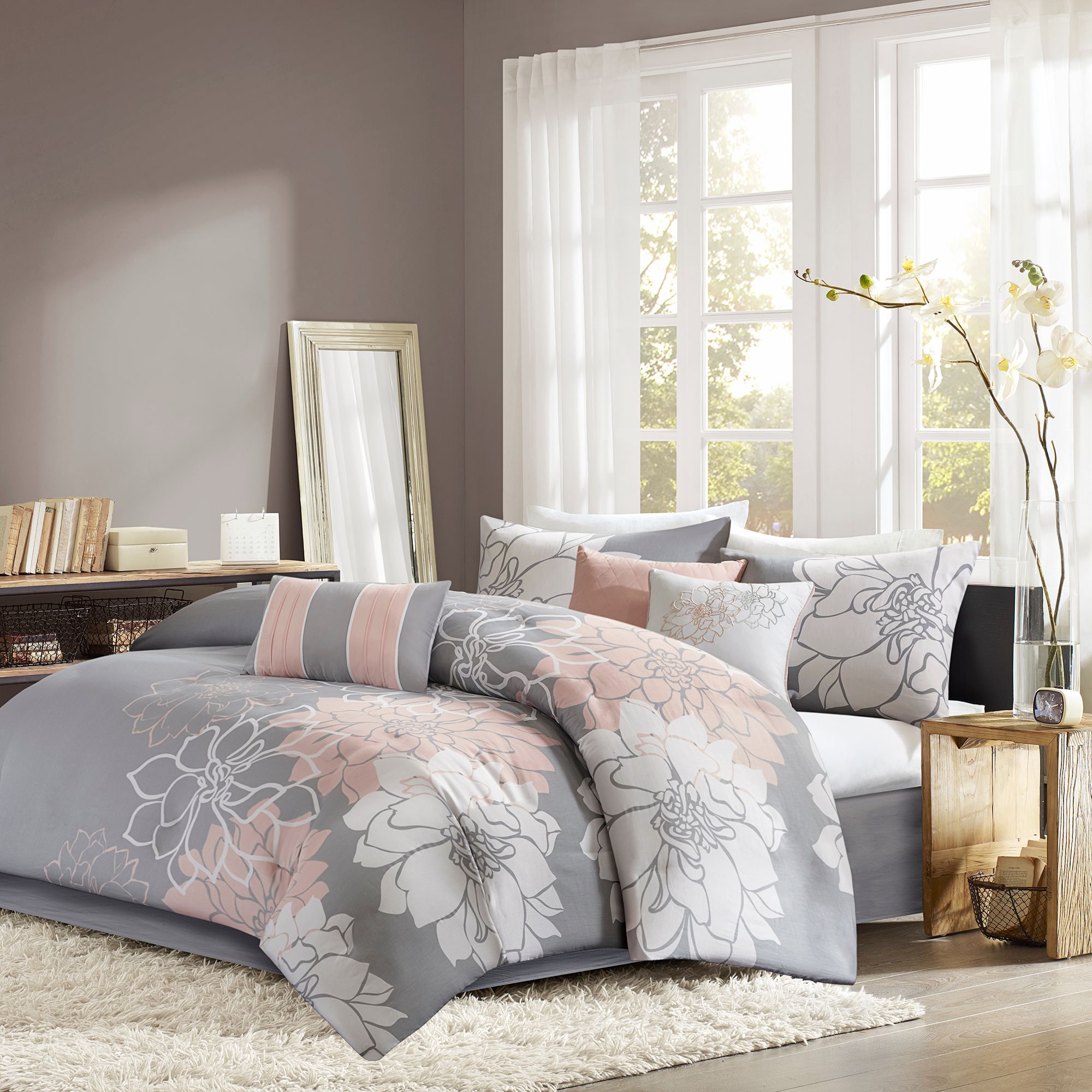 Lola Gray and Blush Floral 7-Piece Comforter Set - #93N95 | Lamps Plus