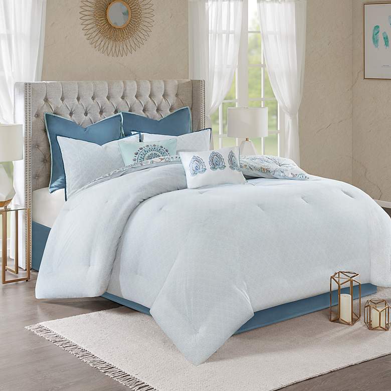 Image 2 Loleta Blue White 8-Piece Queen Comforter Bed Set