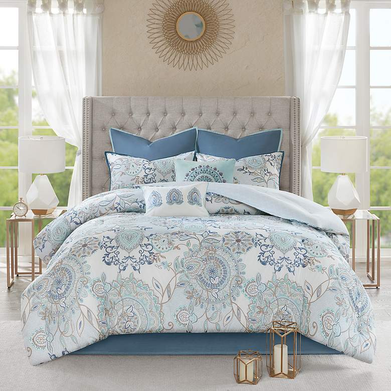 Image 1 Loleta Blue White 8-Piece Queen Comforter Bed Set