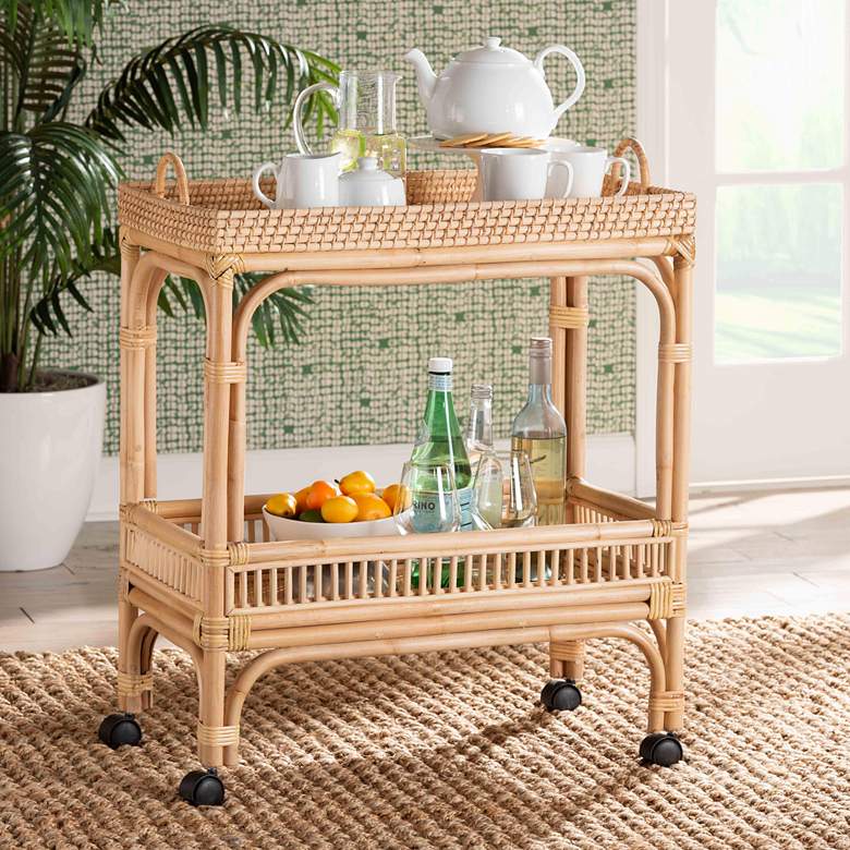 Image 1 Lombok 26 1/2" Wide Natural Brown Rattan Wine Cart