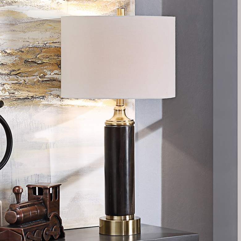 Image 1 London Black Marble and Antique Brass Column Table Lamp