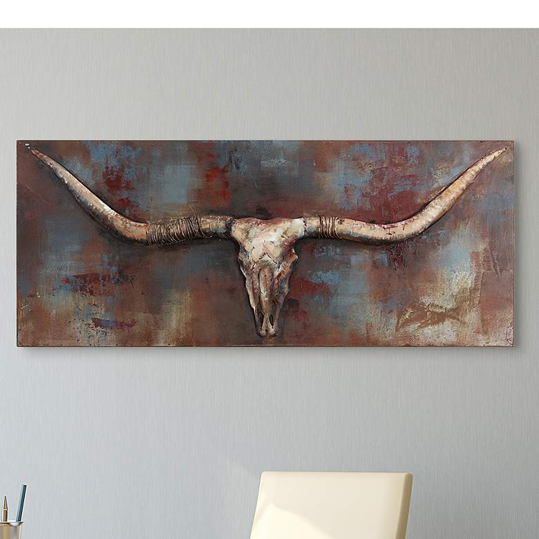 Image 1 Long Horn 48 inch Wide Mixed Media Metal Dimensional Wall Art