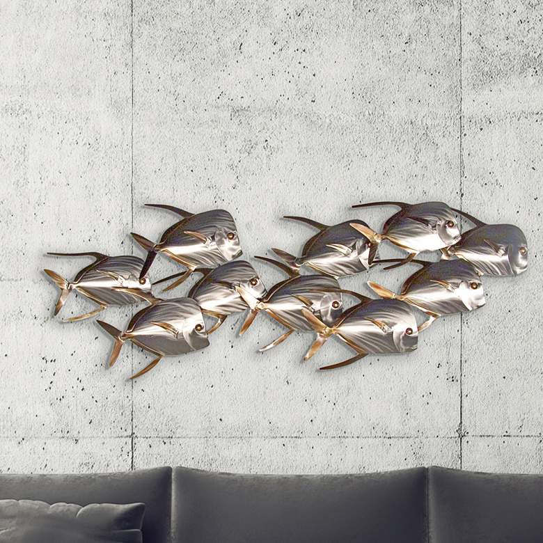 Image 1 Lookdown Fish School of 10 45 inch Wide Outdoor Metal Wall Art