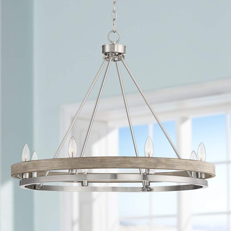 Lora 29 1/4 inch Wide Nickel and Gray Wood Finish 8-Light Ring Chandelier