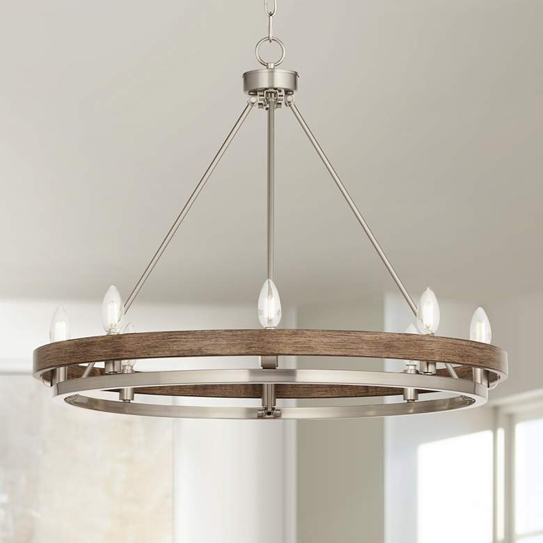 Image 1 Lora 29 1/4" Wide Nickel and Oak Wood Finish 8-Light Ring Chandelier
