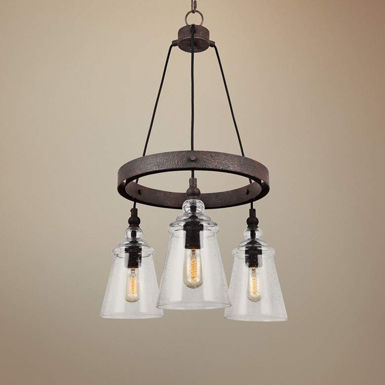 Image 1 Loras 16" Wide 3-Light Weathered Iron Wagon Wheel Chandelier