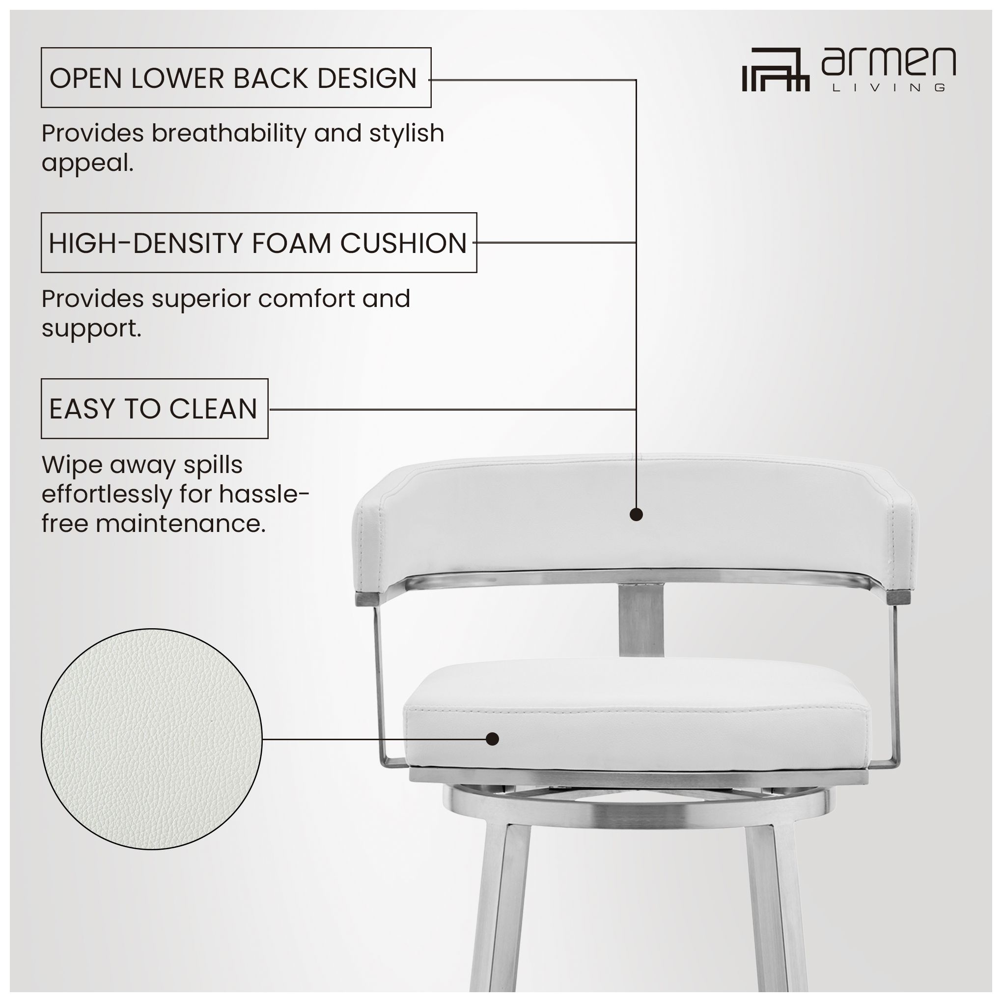 Lorin 30" White Faux Leather Brushed Steel Bar Stool