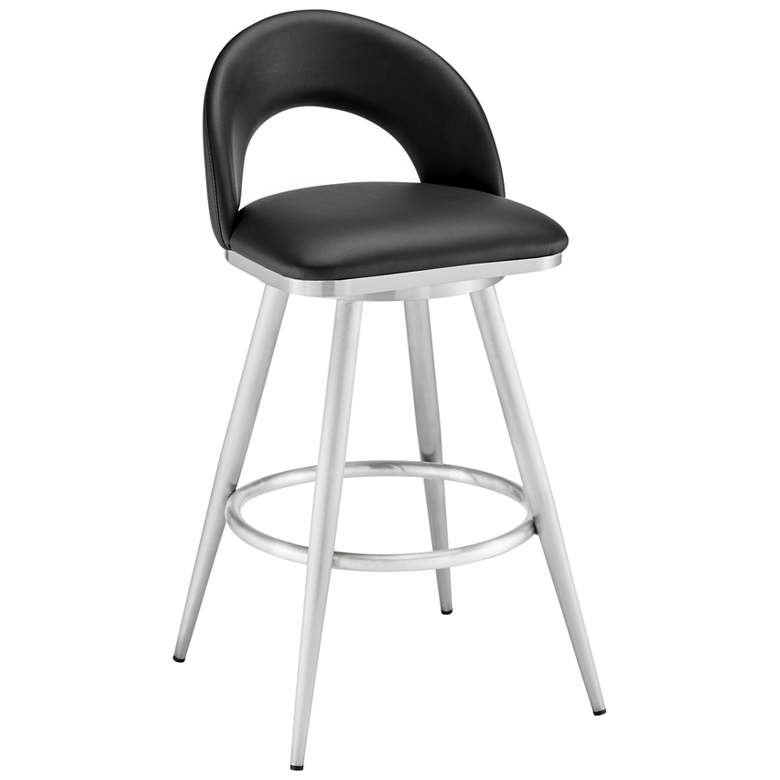 Image 1 Lottech 26 in. Swivel Barstool in Stainless Steel, Black Faux Leather