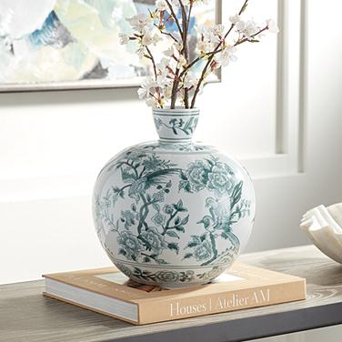 Lotus 11" High Green and White Ceramic Decorative Vase