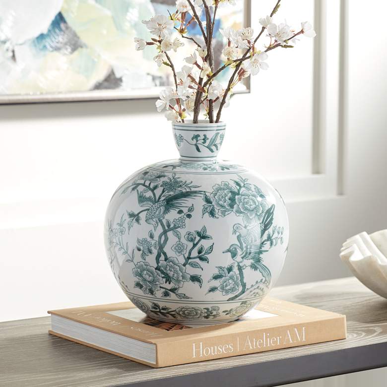 Image 2 Lotus 11" High Ginger Jar Green and White Ceramic Decorative Vase