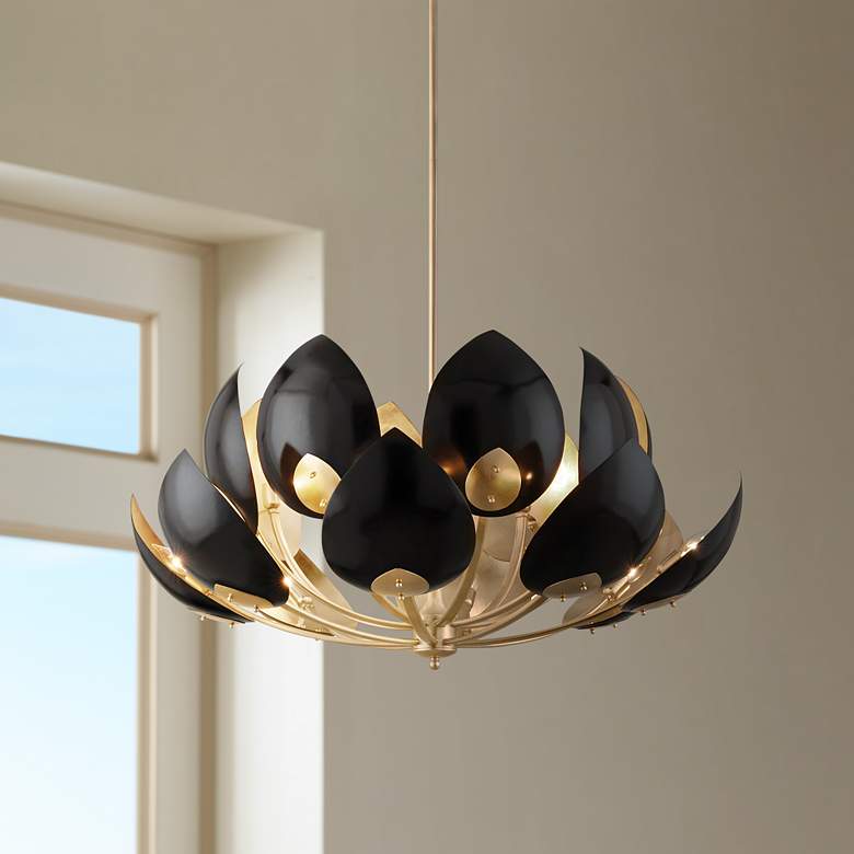 Image 1 Lotus 38 1/2" Wide Gold Leaf and Black 16-Light Chandelier