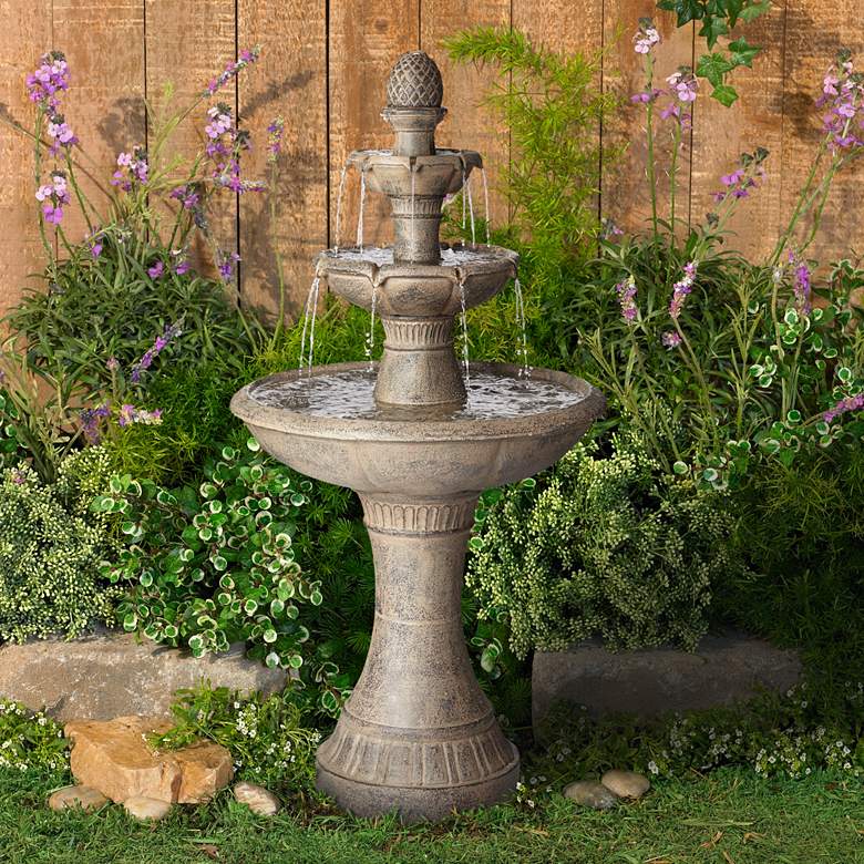 Image 1 Louvre 44 inch High Gray 3-Tier LED Outdoor Floor Water Fountain