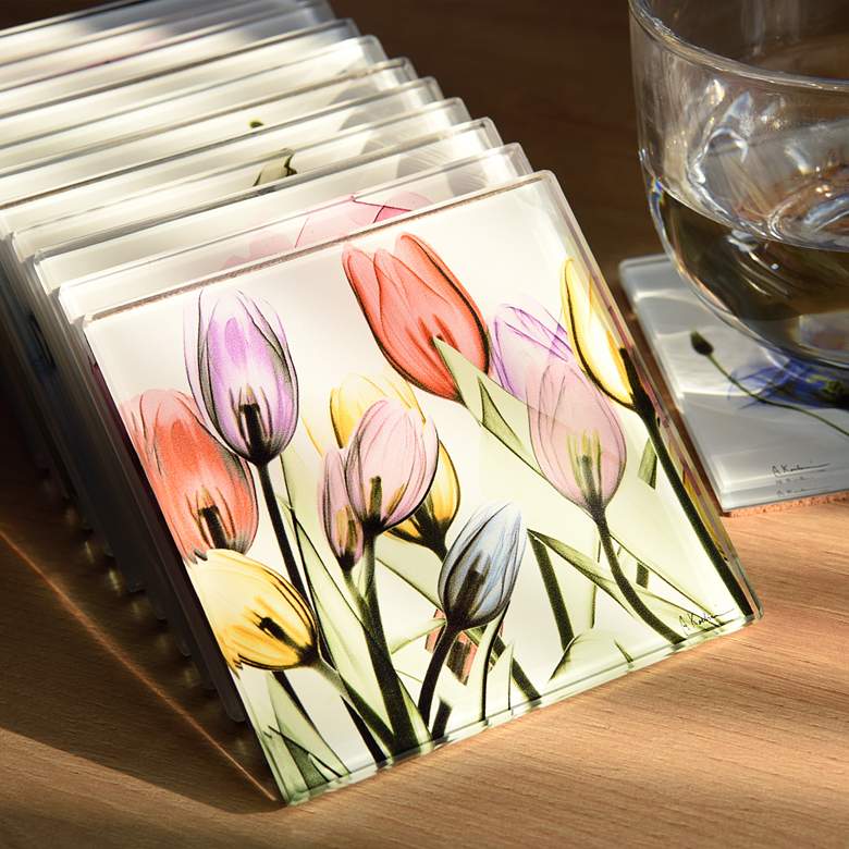 Image 2 Lovely Flowers Glass 12-Piece Coasters with Cork Bottom more views
