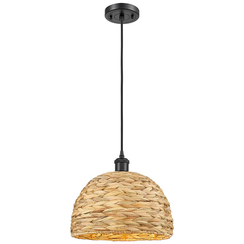 Image 1 Lovullo 12" Wide Black Natural Woven Rattan Mini Pendant
