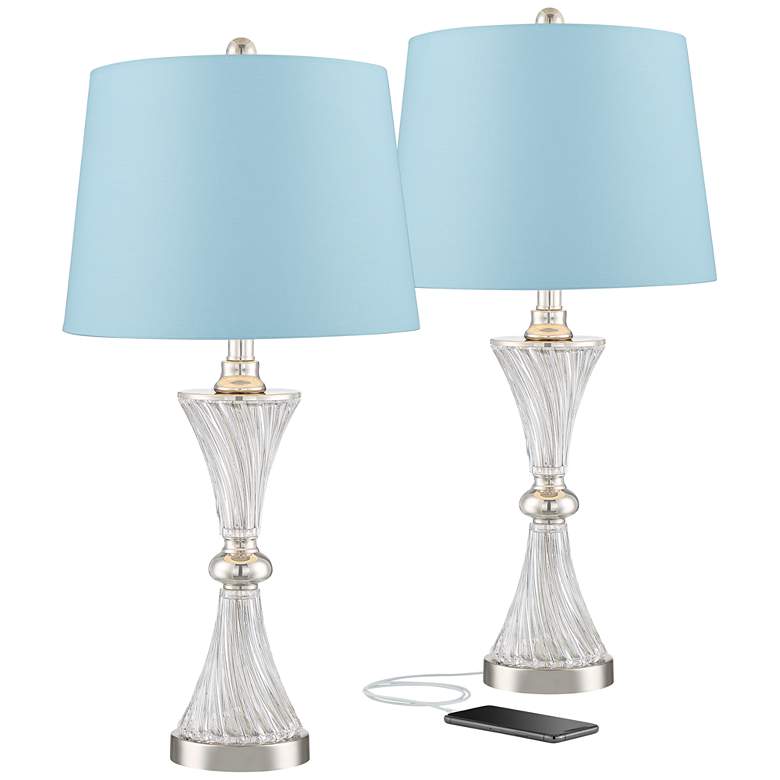 Image 1 Luca Chrome and Glass Blue Hardback USB Table Lamps Set of 2