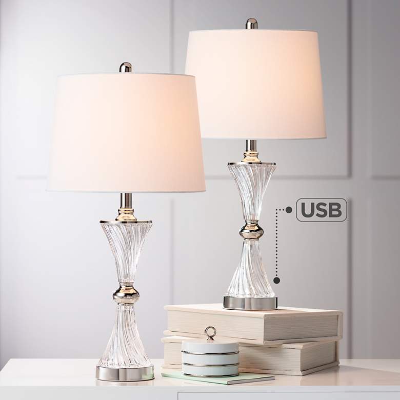 Luca Chrome and Glass Modern USB Table Lamps Set of 2
