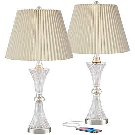 Image1 of Luca Chrome and Glass USB Table Lamps with Ivory Pleat Shades Set of 2