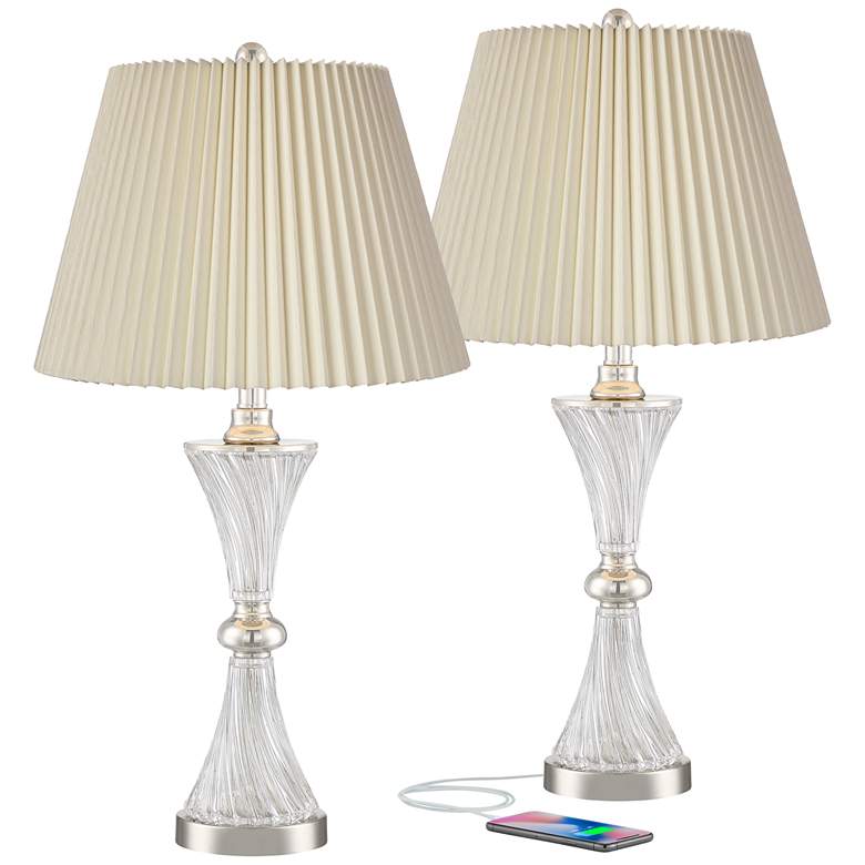 Image 1 Luca Chrome and Glass USB Table Lamps with Ivory Pleat Shades Set of 2