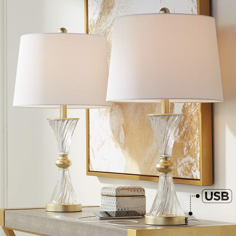Image 1 Lucas Gold and Twisting Glass USB Table Lamps Set of 2