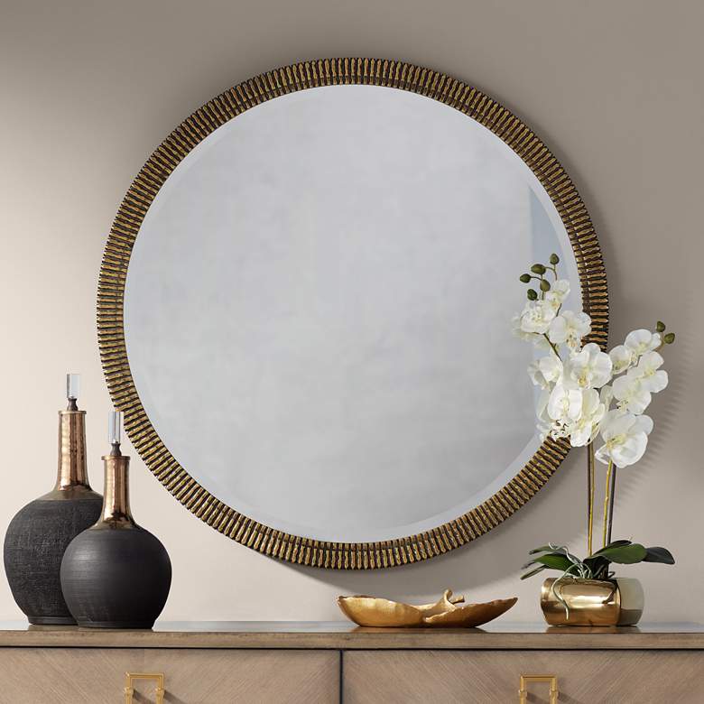 Image 1 Lucca Distressed Gold Grooved 34 inch Round Wall Mirror