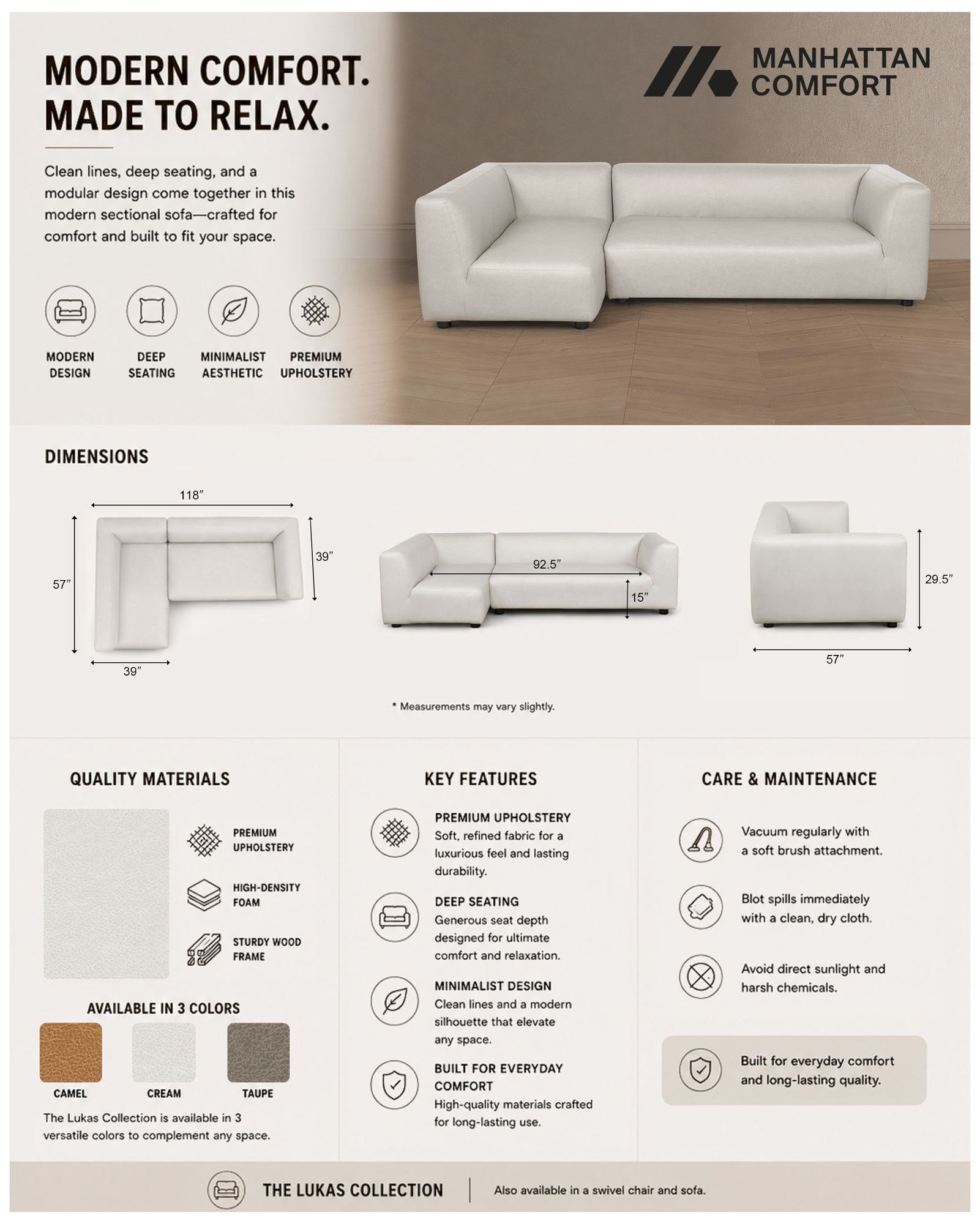 Image 4 Lukas Contemporary Modern 118" Left-Facing 2-Piece Sectional Sofa in Cream more views