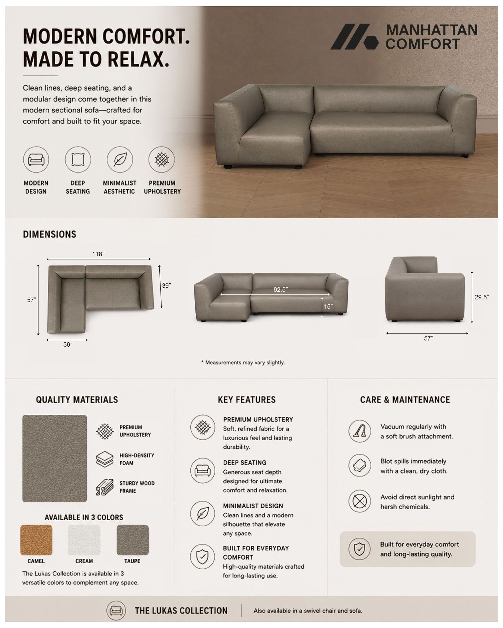 Image 4 Lukas Contemporary Modern 118" Left-Facing 2-Piece Sectional Sofa in Taupe more views