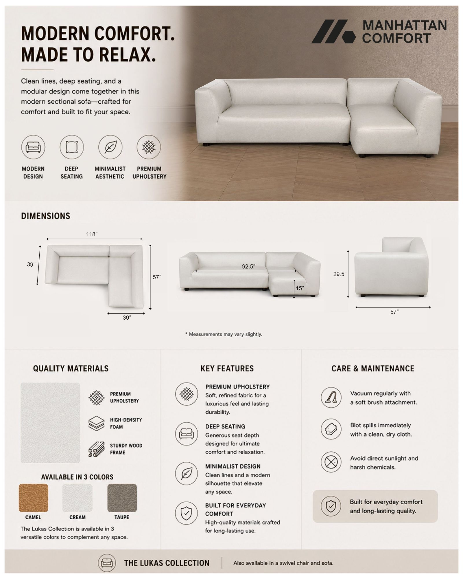 Image 4 Lukas Contemporary Modern 118" Right-Facing 2-Piece Sectional Sofa in Cream more views