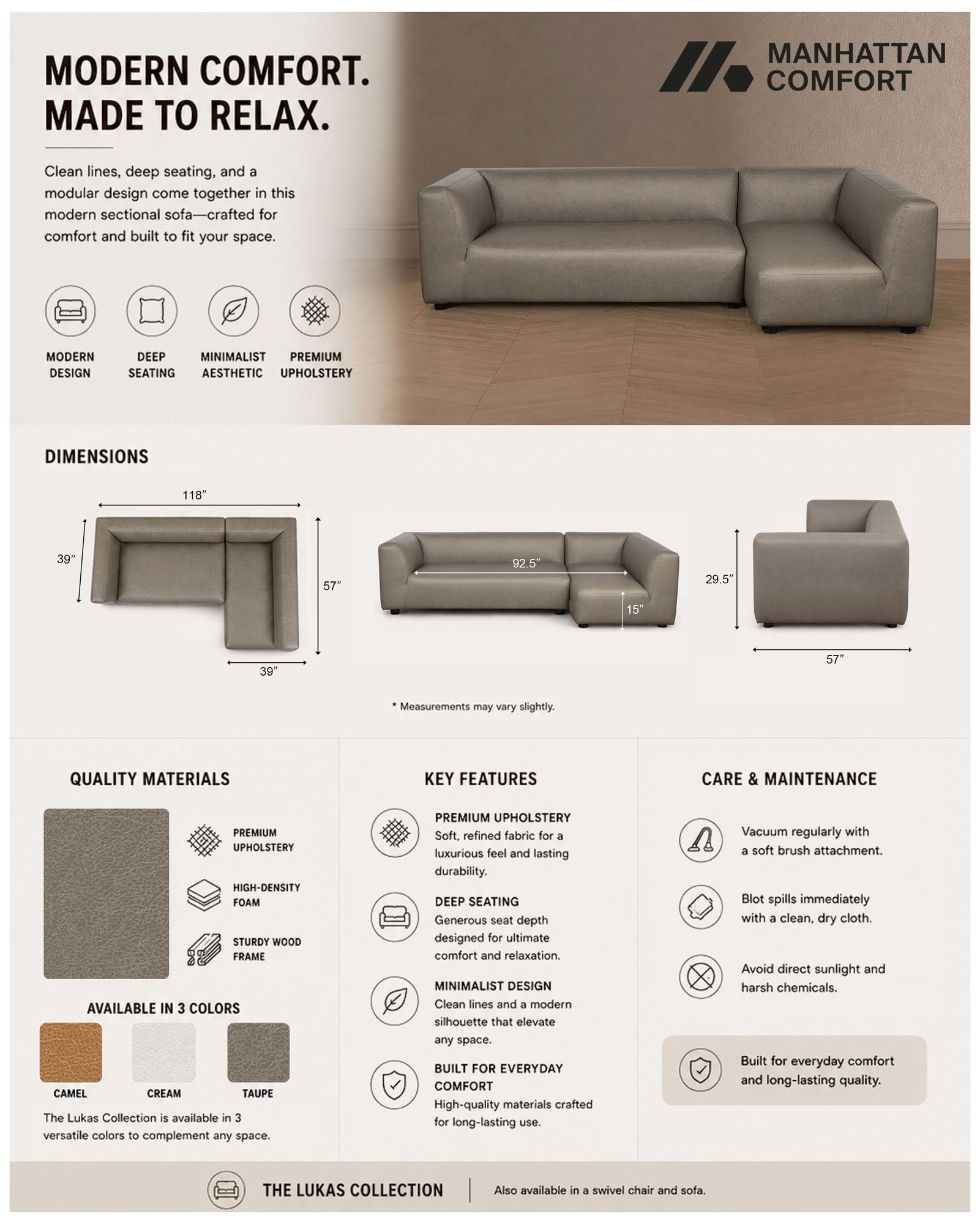 Image 4 Lukas Contemporary Modern 118" Right-Facing 2-Piece Sectional Sofa in Taupe more views