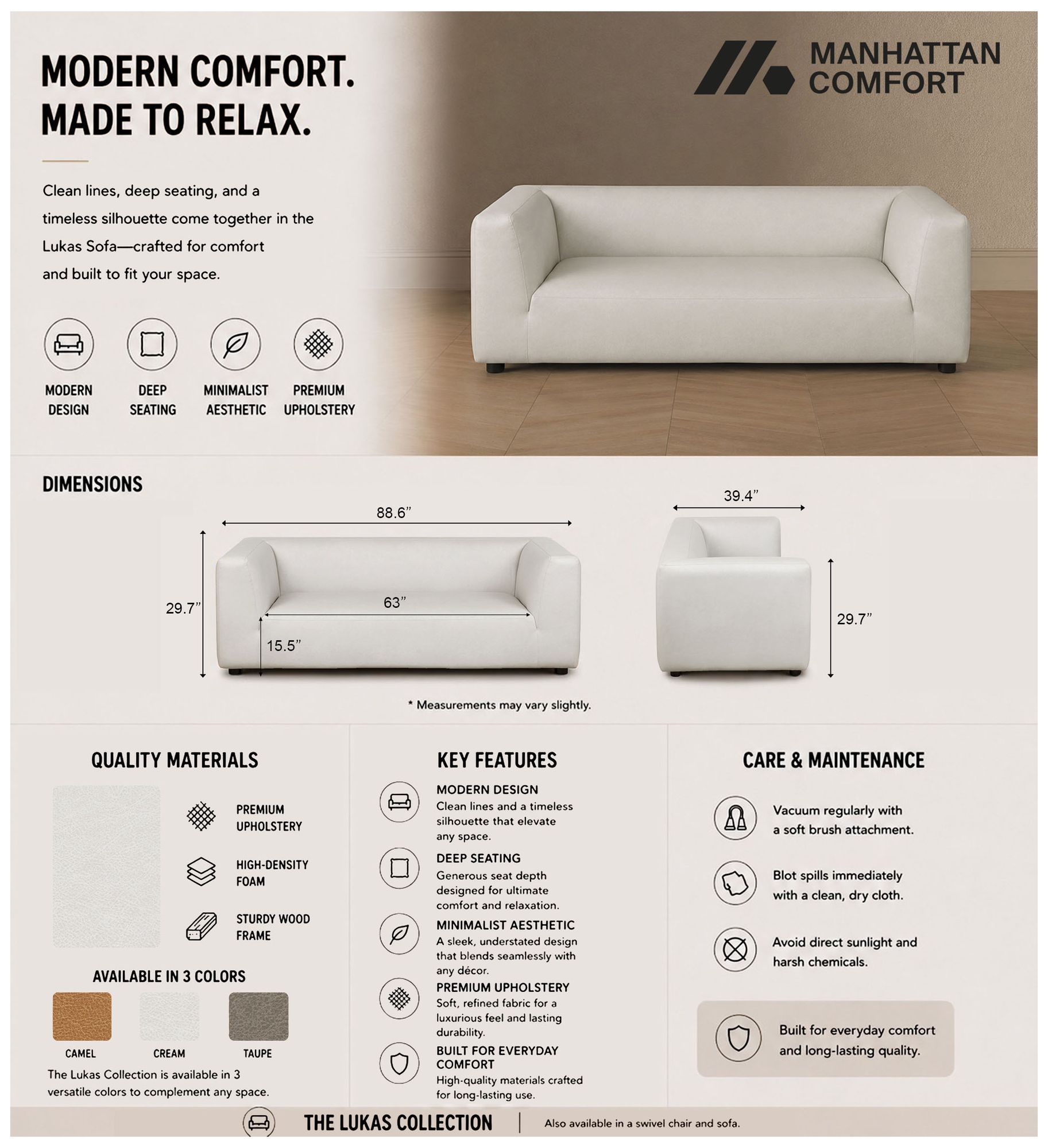 Image 4 Lukas Contemporary Modern 89" Upholstered Sofa in Cream more views