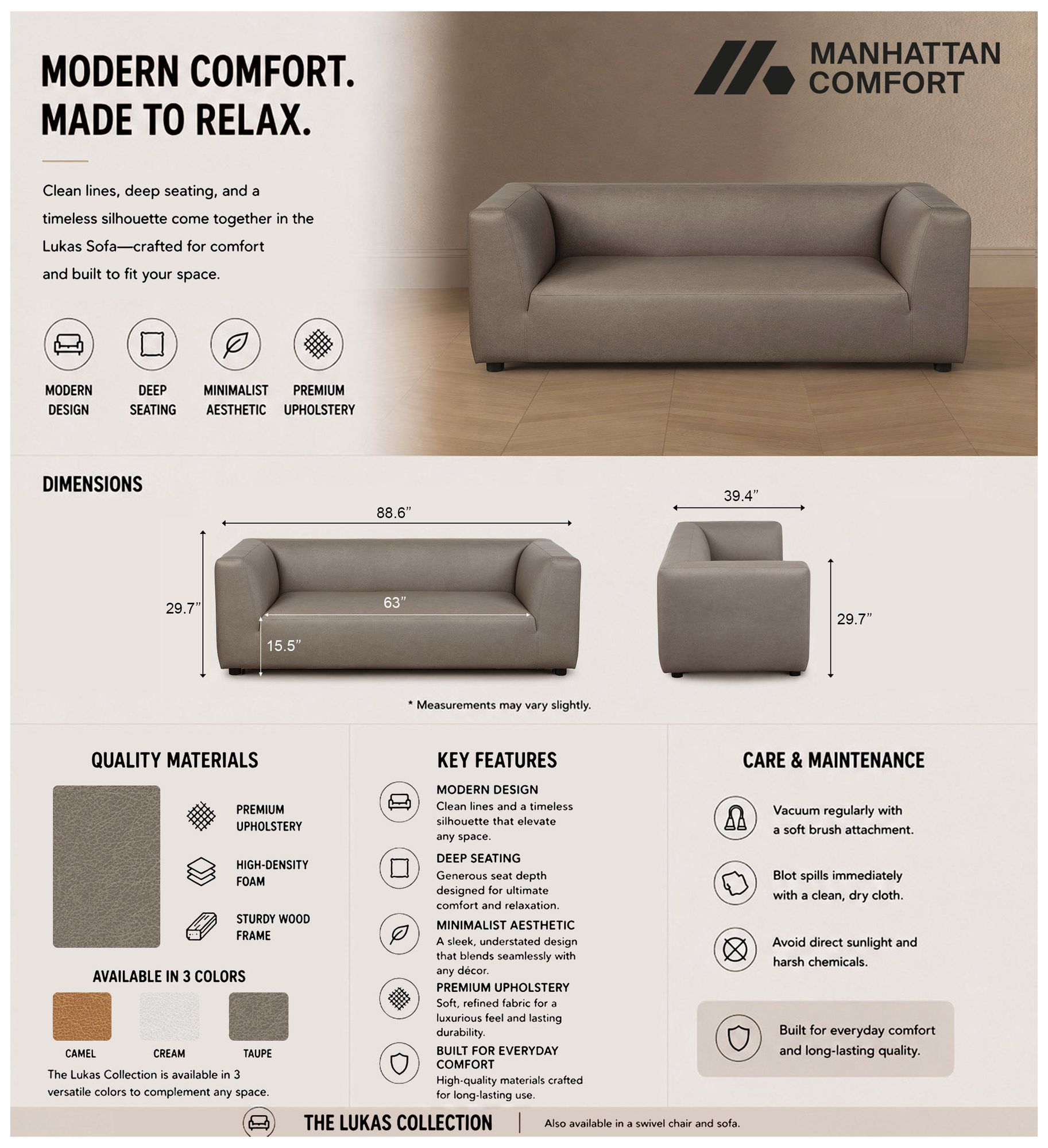 Image 4 Lukas Contemporary Modern 89" Upholstered Sofa in Taupe more views