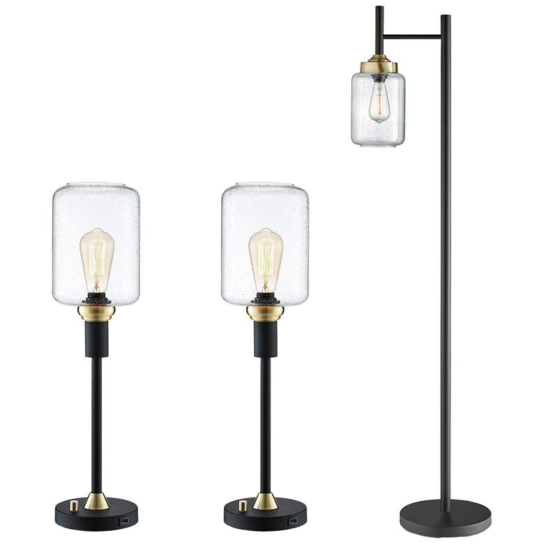 Luken Black and Brass Metal Floor and Table Lamps Set of 3 with USB Ports