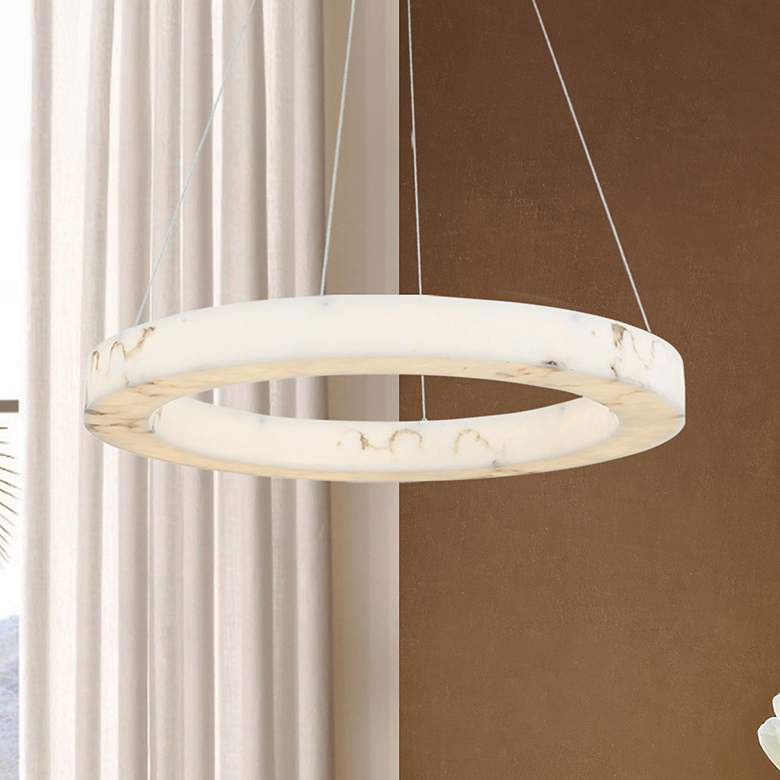 Image 1 LumenAria Medley 32"W Brass LED Ring Pendant w/ Faux Alabaster Shade