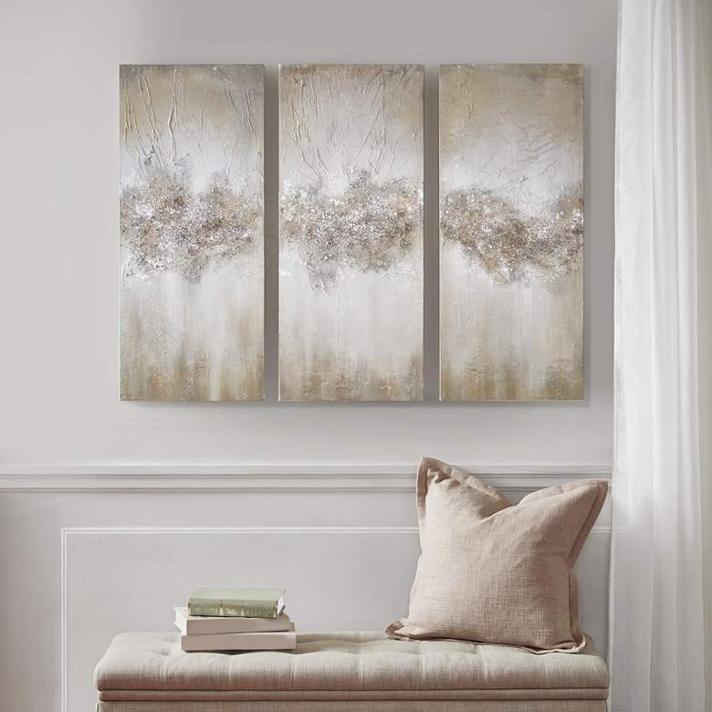 Image 1 Luminous 35"H Taupe Hand-Brushed 3-Piece Canvas Wall Art Set