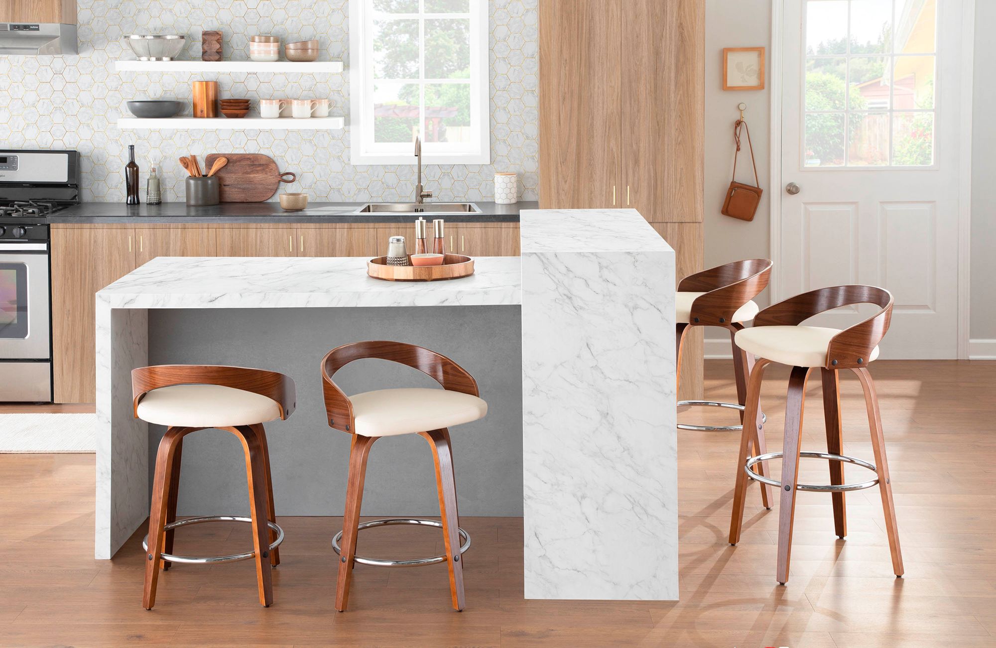 Lumisource Grotto 29 3/4" Cream Faux Leather Counter Stools Set of 2